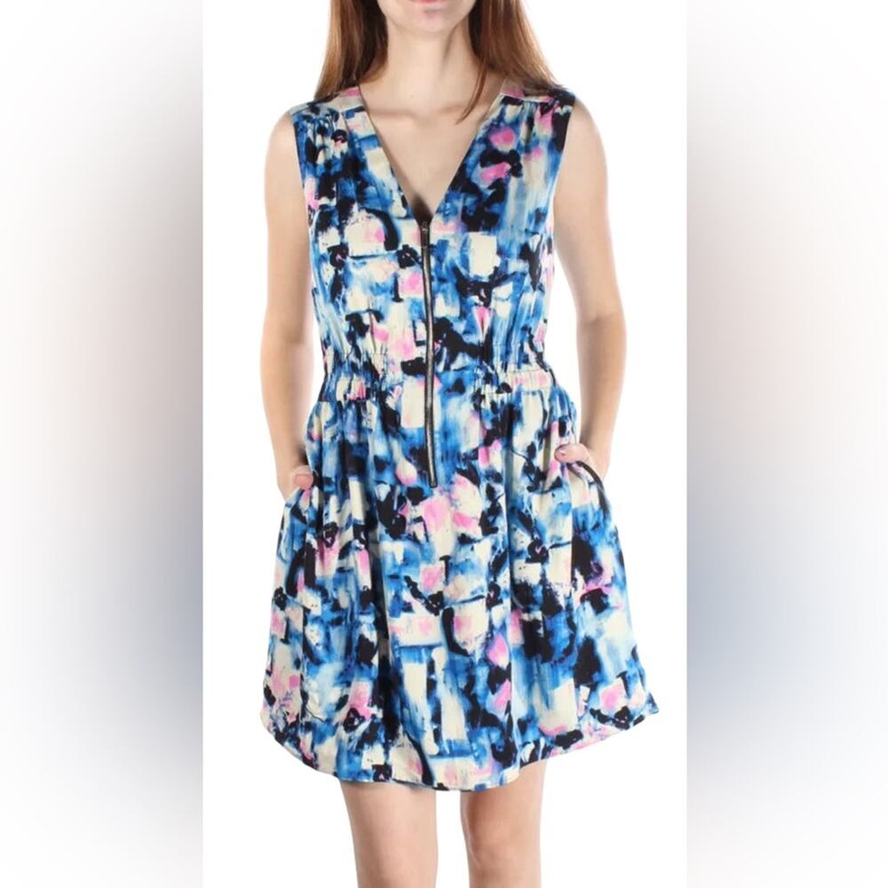 RACHEL ROY Blue Print Sleeveless Double V-Neck Casual Dress Women's Size Large